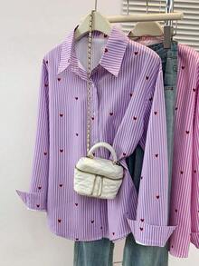 Blusa de mujer con cuello polo, estampado de corazones y rayas - Camisa casual de manga larga con botones, adecuada para uso diario en primavera, verano y otoño - Rayas moradas - Ver 11