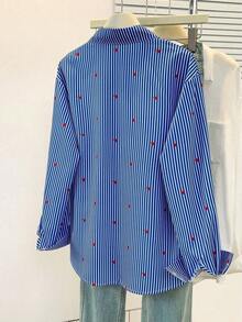 Blusa de mujer con cuello polo, estampado de corazones y rayas - Camisa casual de manga larga con botones, adecuada para uso diario en primavera, verano y otoño - rayas azul oscuro - Ver 3
