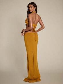 Conjunto sexy de top corto de punto con decoración de perlas falsas y minifalda de punto para mujer - Amarillo - Ver 2