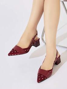Women's Red & White Polka Dot Pattern Patchwork Pointed Toe Ankle Strap Chunky Heel Slip-On Closed Toe High Heels, Festival, Block Heels, Gathering - Burgundy - View 5
