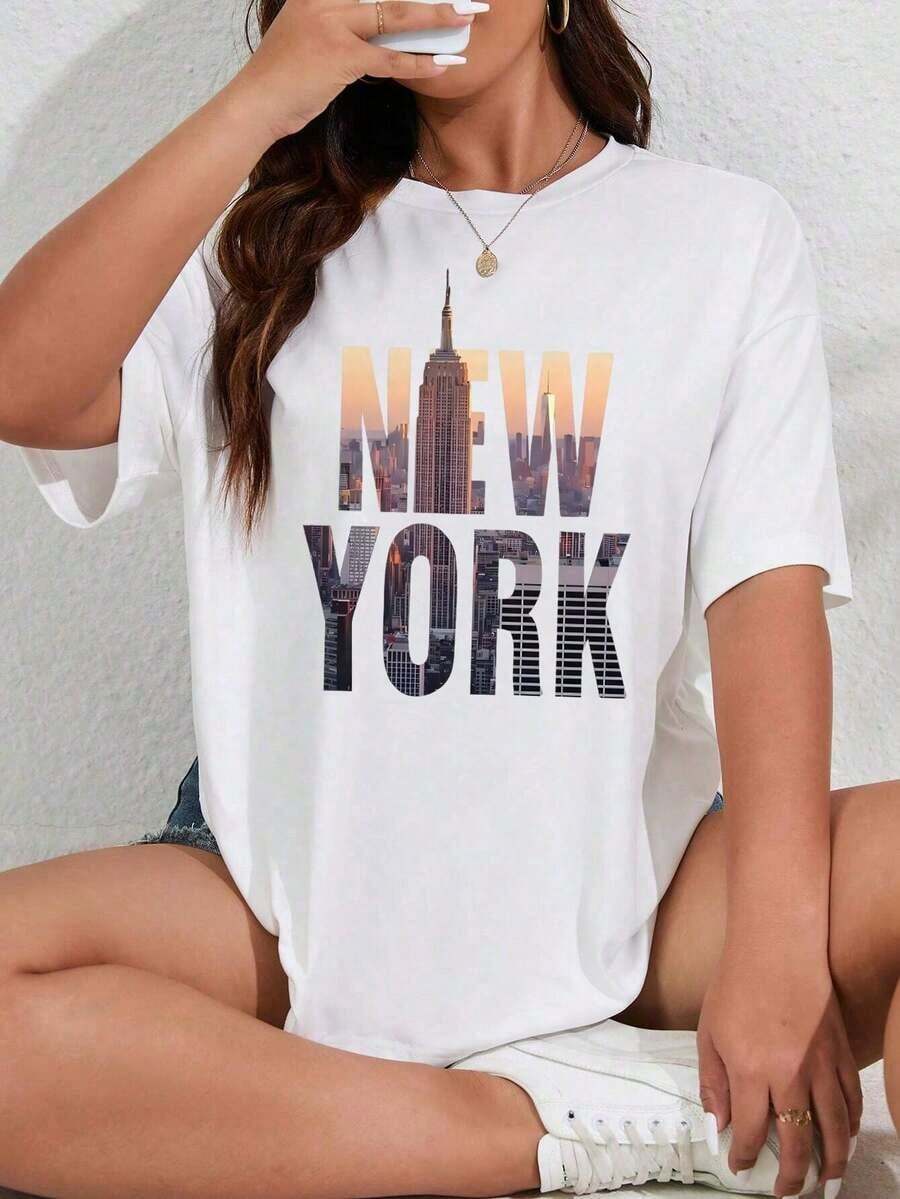 VintageCamiseta Talla Grande De Manga Corta Con Cuello Redondo Y Estampado De Edificio Y Letra Inglesa Estampado De MujerGraphic Tee - Blanco - Ver 1