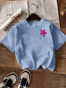 Howell Women's Plus Size Black Short Sleeve T-Shirt, Versatile Style, Hand-Painted Daisy Floral Print, Casual And Cool For Summer - 藍霧 - 查看 2