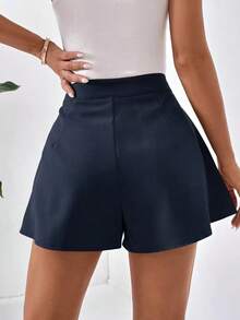 Shorts de pierna ancha unicolor con bolsillo oblicuo - Azul marino - Ver 2