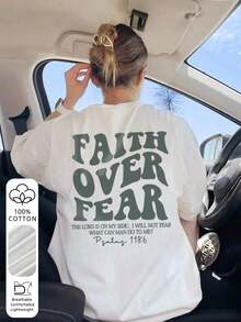 Short-Sleeved T-Shirt With A Round Neck And A "Belief Conquers Fear" Print, Casual And Resort Style, An Everyday Essential. Women's Graphic T-Shirt, White Summer Blouse For Women - 白色 2 - 查看 1