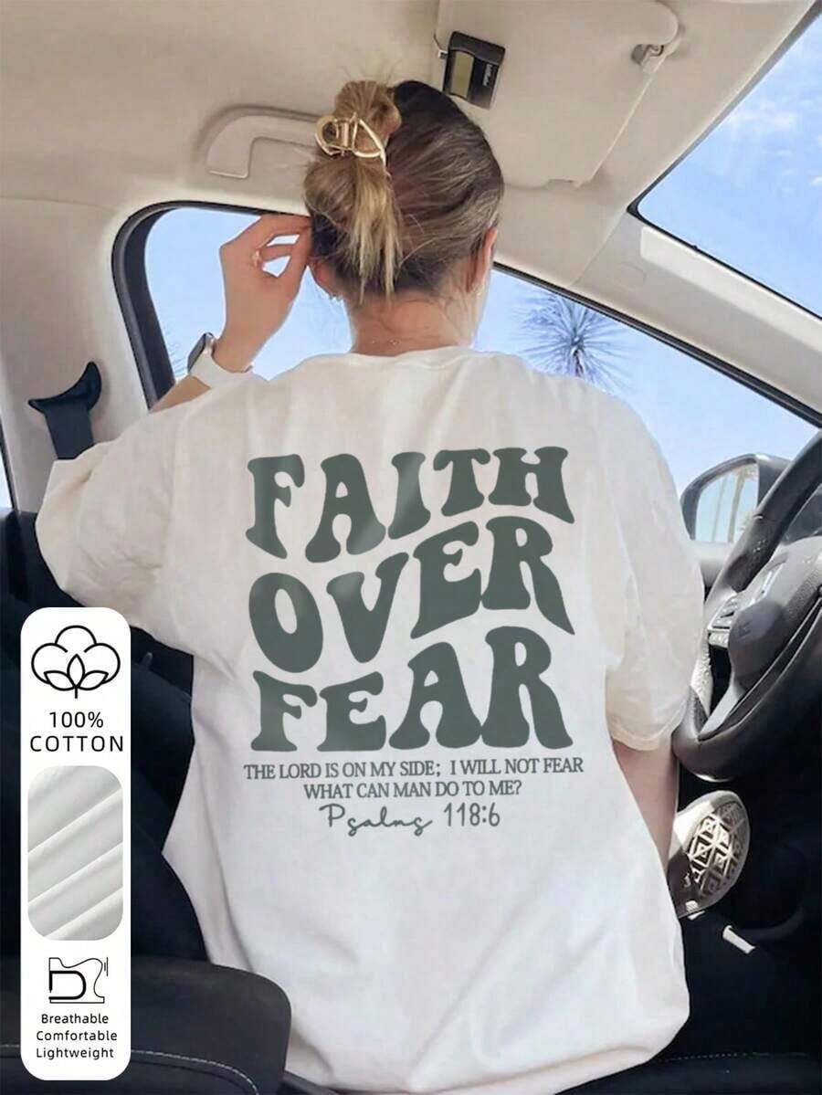 Short-Sleeved T-Shirt With A Round Neck And A "Belief Conquers Fear" Print, Casual And Resort Style, An Everyday Essential. Women's Graphic T-Shirt, White Summer Blouse For Women - 白色 2 - 查看 1
