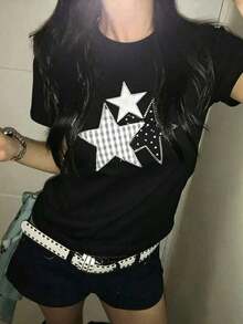 Summer Cheer From Japan! White On White Star Print Cotton T-Shirt, Women's Short Sleeve Crew Neck Cotton T-Shirt, Casual Japanese Feminine Style. - 黑色 - 查看 1