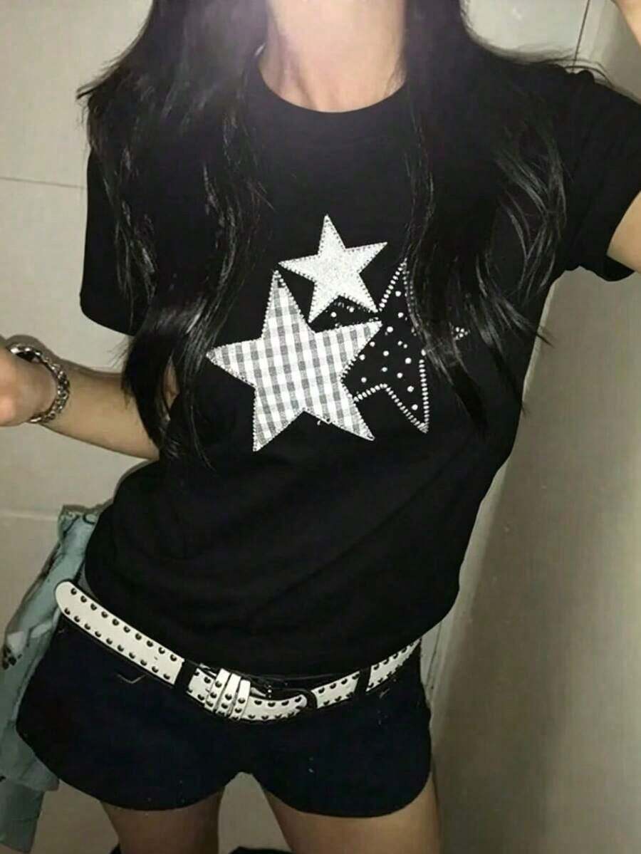 Summer Cheer From Japan! White On White Star Print Cotton T-Shirt, Women's Short Sleeve Crew Neck Cotton T-Shirt, Casual Japanese Feminine Style. - 黑色 - 查看 1