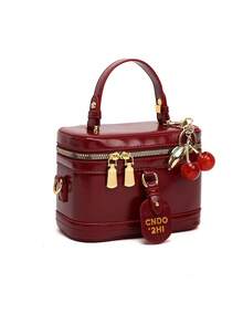 Elegant Chic Solid Color PU Leather Portable Square Bag, Mini PU Bag, Waterproof Burgundy Fabric Bag, Letter Graphic Decor Design Box Bag, Suitable For Travel, Shopping, Party, Commuting, Fashionable Burgundy Bag, Red Bag , Burgundy Bag - 酒紅色 - 查看 2