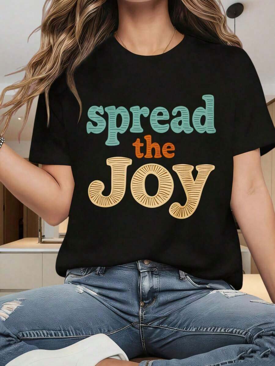 Women's Short-Sleeved Crew Neck T-Shirt. "Spread The Joy" Graphic Tee For Women. Comfortable Casual Cotton Graphic Tee For Everyday Wear. Fun Prints Are Suitable For Christmas Parties, Sports Activities, Holiday Parties, Outings, And Other Festive Gifts (220g). - 黑色 - 查看 1