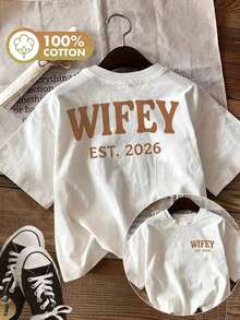 Women's Vintage T-Shirt With WIFEY EST 2026 Print, Bold Letter Graphic Design, Casual Round Neck, Loose Fit Pure Cotton Short Sleeve T-Shirt For Summer, Unisex - 白色 - 查看 3