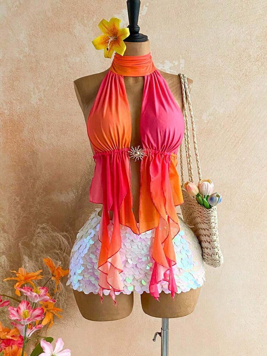 Blusa de mujer con encaje bordado, escote halter, espalda descubierta, tirantes con lazo, bajo fluido y elegante, adecuada para la playa, cruceros y resorts - Multicolor 5 - Ver 1