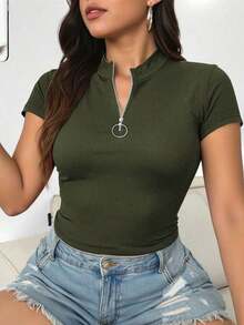 Camiseta casual de mujer de manga corta con cuello mao y unicolor, para verano - Verde militar - Ver 3