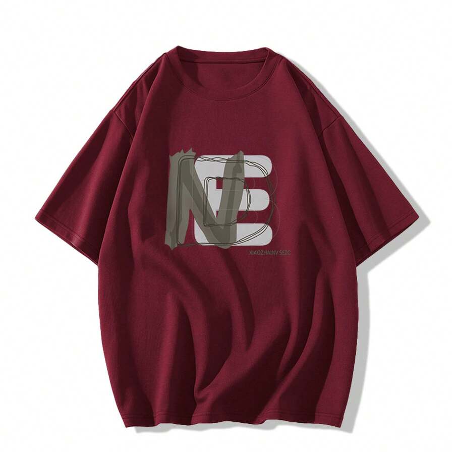 Women's Casual Printed T-Shirt, Short Sleeves, Round Neck, Spring/Summer Urban Fashion Unisex T-Shirt. GVXP - 酒紅色 - 查看 1
