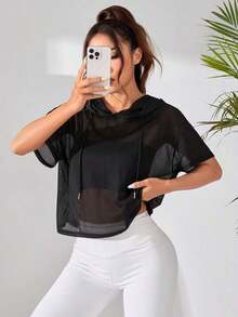 Sudadera deportiva con capucha, holgada, con hombro caído, manga corta y perspectiva suelta de unicolor para mujeres - Negro - Ver 7