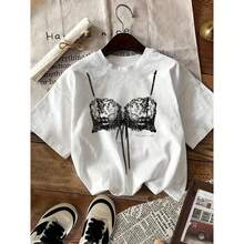 Camiseta gráfica de encaje estilo para mujer, cuello redondo oversize y manga corta, camiseta casual cómoda, ideal para el verano y salidas de fin de semana - Blanco - Ver 2