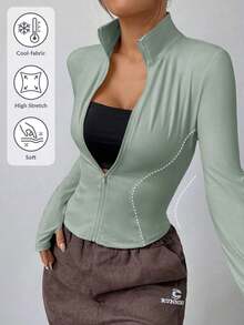 Chaqueta de manga larga de punto ajustada con protección solar para mujer en otoño/invierno, color albaricoque - verde menta - Ver 7