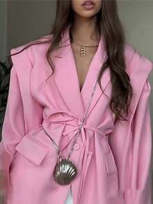 Blazer primavera 2026, color liso ajustado con cordón, estilo versátil elegante - Rosa - Ver 2