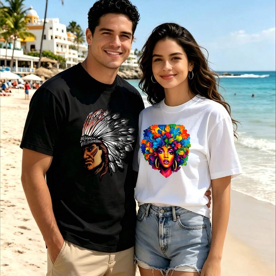 2-Piece Couple Matching Pattern T-Shirt, 100% Cotton, Loose Fit, Soft And Breathable, Casual Round Neck Short Sleeved Top Man Drinking Coffee Woman Holding Milkshake Versatile Patterns No Picky Combinations Coordinated Dating Casual Travel Simple And Cartoonish Printing Styles High - 黑色 - 查看 1