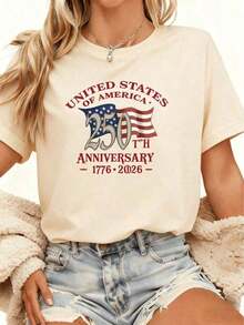 Graphic2026 NUEVO - Camiseta Conmemorativa del 250º Aniversario con la Bandera Americana, Cuello Redondo, Tela Suave y Cómoda, Camiseta Casual Unisex para el Día de la Independencia Americana, Shorts de Mezclilla Azul Claro a Juego, Camisetas Gráficas para Mujer, Blusas Bonitas de Mujer, Conjuntos de Verano para Mujer, Top de Verano con Cuello Redondo - Albaricoque - Ver 6