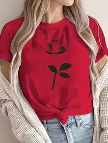 Nueva Camiseta Holgada para Mujer con Rosa Negra para el Día de San Valentín, Cuello Redondo Versátil de Manga Corta para Primavera/Verano, Tela Cómoda y Transpirable, Estilo Casual, Suave y Deportivo. - Rojo - Ver 7