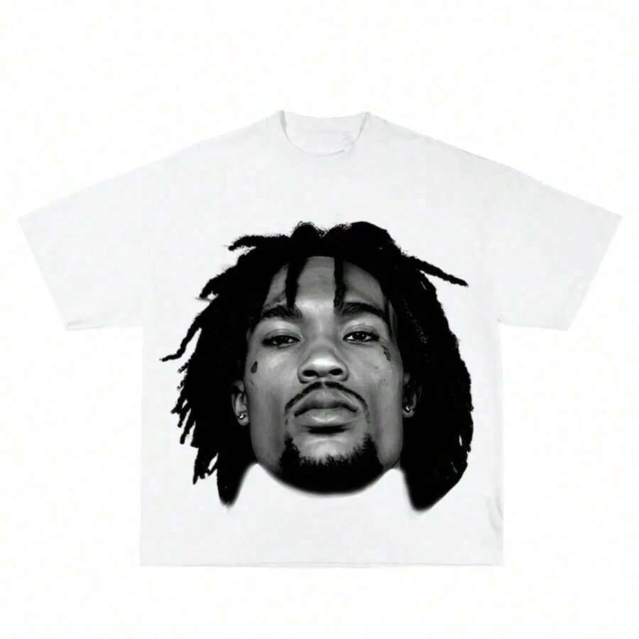 Vintage Graphic T-Shirt Inspired By Hunxho, Thick Cotton, 90s Basketball Style, Hip Hop Style, Y2K Aesthetic, Retro, Classic, With Large Celebrity Face Print YWSM - 白色 - 查看 1