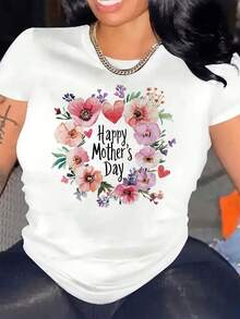 Camiseta Casual de Verano para Mujer Talla Grande - Camiseta blanca de talla grande para mujer con estampados florales y de corazones - Diseño "Feliz Día de la Madre", cuello redondo casual, 100% ligera y transpirable, adecuada para todas las estaciones, uso en primavera y verano, lavable a máquina, top con estampado floral, regalo para el Día de la Madre. |   Top de cuello redondo |   Tela transpirable, camiseta de mujer, camiseta elegante y a la moda. - Blanco - Ver 1