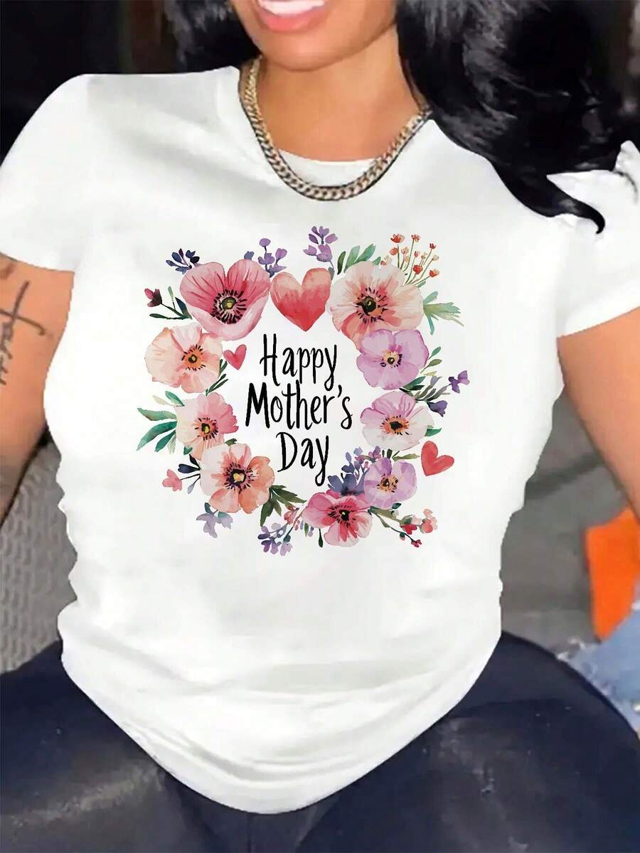 Camiseta Casual de Verano para Mujer Talla Grande - Camiseta blanca de talla grande para mujer con estampados florales y de corazones - Diseño "Feliz Día de la Madre", cuello redondo casual, 100% ligera y transpirable, adecuada para todas las estaciones, uso en primavera y verano, lavable a máquina, top con estampado floral, regalo para el Día de la Madre. | Top de cuello redondo | Tela transpirable, camiseta de mujer, camiseta elegante y a la moda. - Blanco - Ver 1