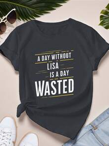 Women's Casual Summer T-Shirt, Plain WASTED, Plus Size Short Sleeve Sports T-Shirt, Stylish And Fashionable T-Shirt - 黑色 - 查看 8