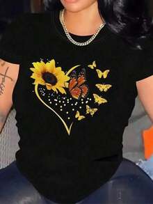 Camiseta casual para mujer con estampado de girasol y mariposas - Cuello redondo, Primavera Verano Mangas cortas, Lavable a máquina, Cómodo Atuendo de vacaciones 1 pieza Sexy Casual Dulce Fiesta Elegante Fiesta en la playa Noche Vacaciones Boda Verano Corazón Patrón - Negro - Ver 7