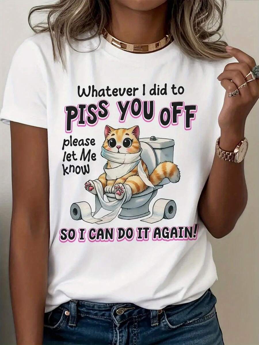 A Women's T-Shirt With A Fun Design Featuring A Cat Sitting On The Toilet, Accompanied By The Sarcastic Phrase: "I Don't Regret Anything I've Done To You." This Comfortable Crew Neck T-Shirt Is Ultra-Soft, Breathable, And Moisture-Wicking, Making It Perfect For Casual Summer Wear. - 白色 - 查看 1