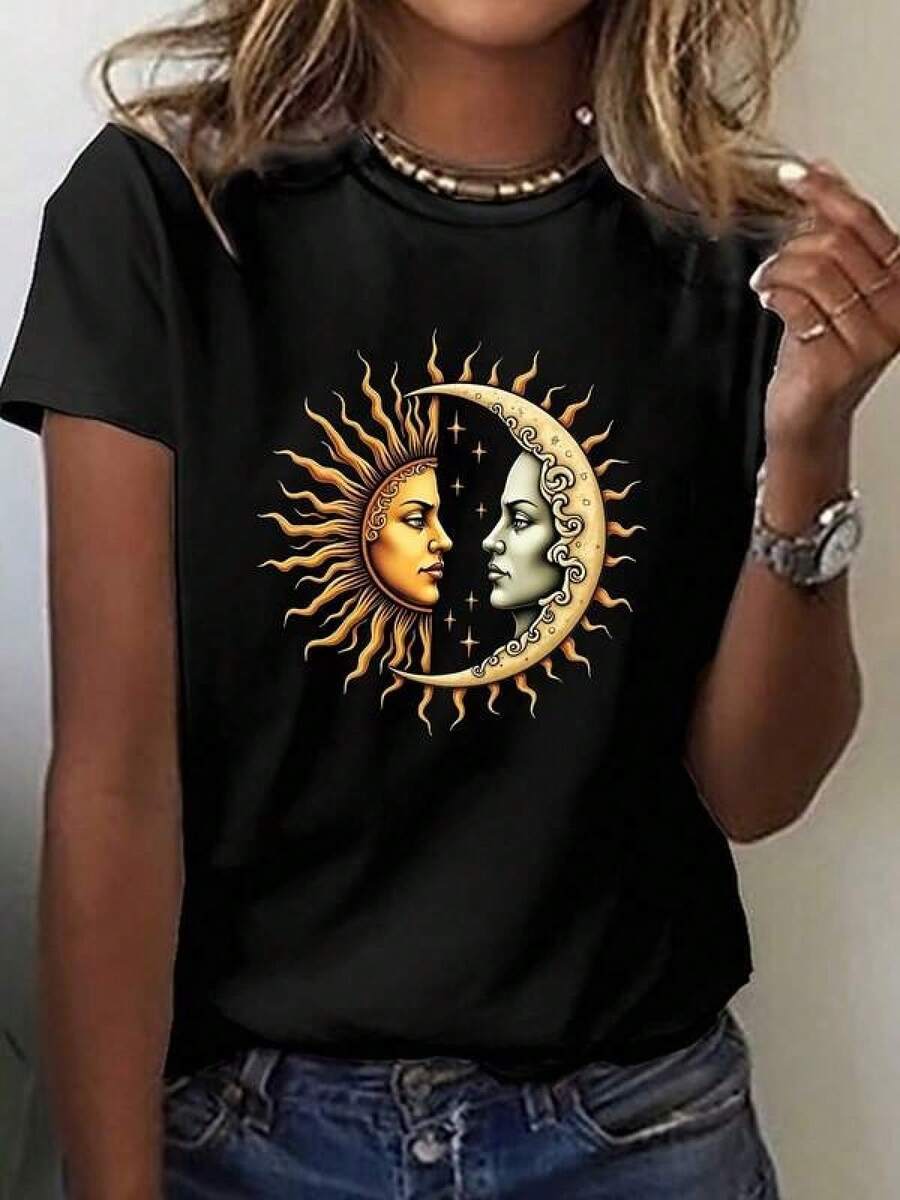 Camiseta unisex de manga corta, para mujerYin-YangImprimirCamiseta-RetroCelestialSol&LunaRostrosSuperior,TranspirableMedianoEstiramientoTripulaciónCuelloTeeAdecuadoParaVerano&PrimaveraInformalDesgaste,Yin-YangDiseñoParaOrientalEstiloConjuntos de ropa deportivahombre, , , Dazymujer,romwehombres, bohochic,maestrasregalos,camisetaparaconjuntos de mujercon curvasparamu,y2k, - Negro - Ver 1