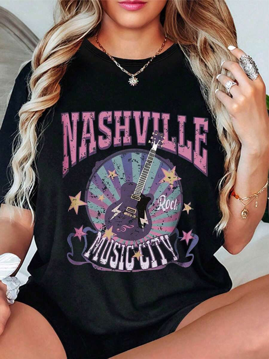 Nashville Music City Rock Vibe Letter Print T-Shirt, Short Sleeve, Round Neck, Casual Top For Summer And Spring, Women's Clothing - 黑色 - 查看 1