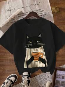 Camiseta de mujer con estampado de un gato tomando café, cuello redondo y mangas cortas, adecuada para ir de compras, fiestas y uso diario - Camiseta unisex de algodón holgada de estilo vintage con cuello redondo y manga corta, blusas para mujer. blusas.blusas casuales para dama. - Negro - Ver 6