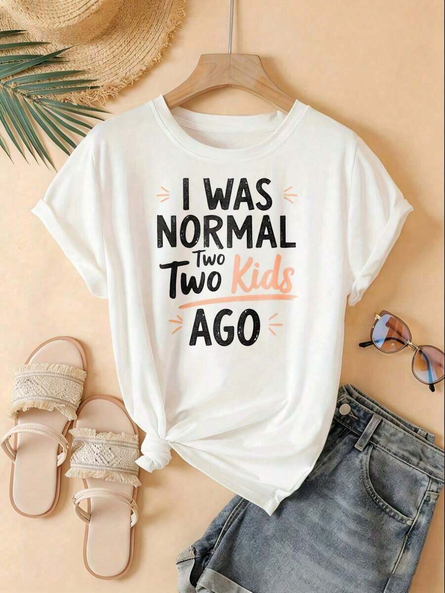 Camiseta 100% Algodón con Estampado Divertido y Cuello Redondo, Camiseta con la Frase "Era Normal Antes de Tener Dos Niños", para Padres de Dos Hijos, Regalo Divertido con Humor Parental para Mamá y Papá con Niños, Prenda Casual Adecuada para Eventos Deportivos, Fiestas, Salidas, Deportes y Otros Regalos para Fiestas. Blusas para mujer. - Blanco - Ver 1