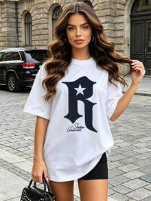 Women's Summer Casual Soft Round Neck Short Sleeve T-Shirt,The Star Letter R Print Graphic Is Suitable For Daily Wear In Spring And Summer.White - White - View 2