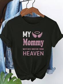 T-Shirt With An Emotional Statement Print, "My Mother Watches Over Me From Heaven," A Fashionable And Comfortable Women's Short-Sleeved T-Shirt With A Round Neck, Machine-Washable Material, Suitable For Casual Outdoor Wear In All Seasons - 黑色 - 查看 1