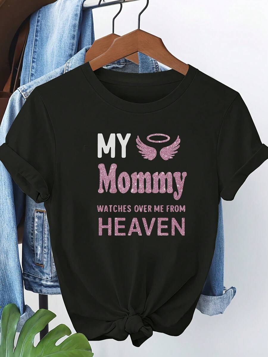 T-Shirt With An Emotional Statement Print, "My Mother Watches Over Me From Heaven," A Fashionable And Comfortable Women's Short-Sleeved T-Shirt With A Round Neck, Machine-Washable Material, Suitable For Casual Outdoor Wear In All Seasons - 黑色 - 查看 1