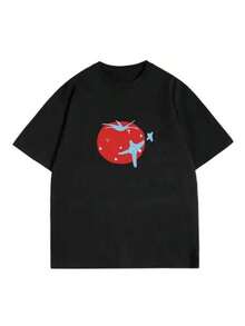 Diseño Sencillo y Versátil, Nuevos Estilos, Camiseta con Estampado de Tomate, Moda Casual, Holgada, Vintage, Manga Corta, Gráfica, Bonita, Tops para Mujer, Ropa de Mujer, Camiseta de Algodón - Negro - Ver 1