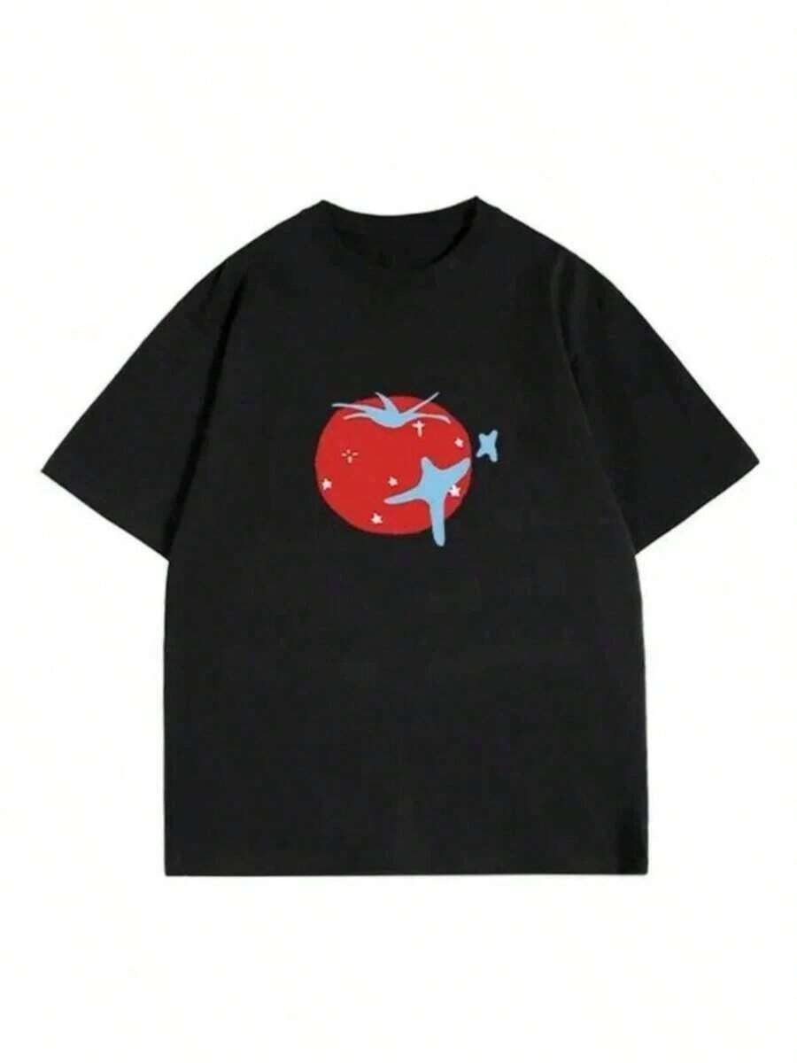 Diseño Sencillo y Versátil, Nuevos Estilos, Camiseta con Estampado de Tomate, Moda Casual, Holgada, Vintage, Manga Corta, Gráfica, Bonita, Tops para Mujer, Ropa de Mujer, Camiseta de Algodón - Negro - Ver 1