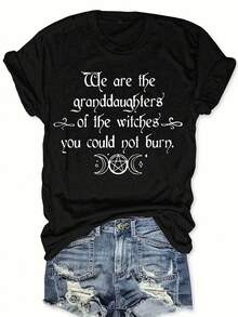 1 Piece, Women's Casual Polyester T-Shirt With Letter Print "We Are The Granddaughters Of The Witches You Could Not Burn", Round Neck, Short Sleeve, Knit Fabric, Regular Length, Summer Top - 黑色 - 查看 1