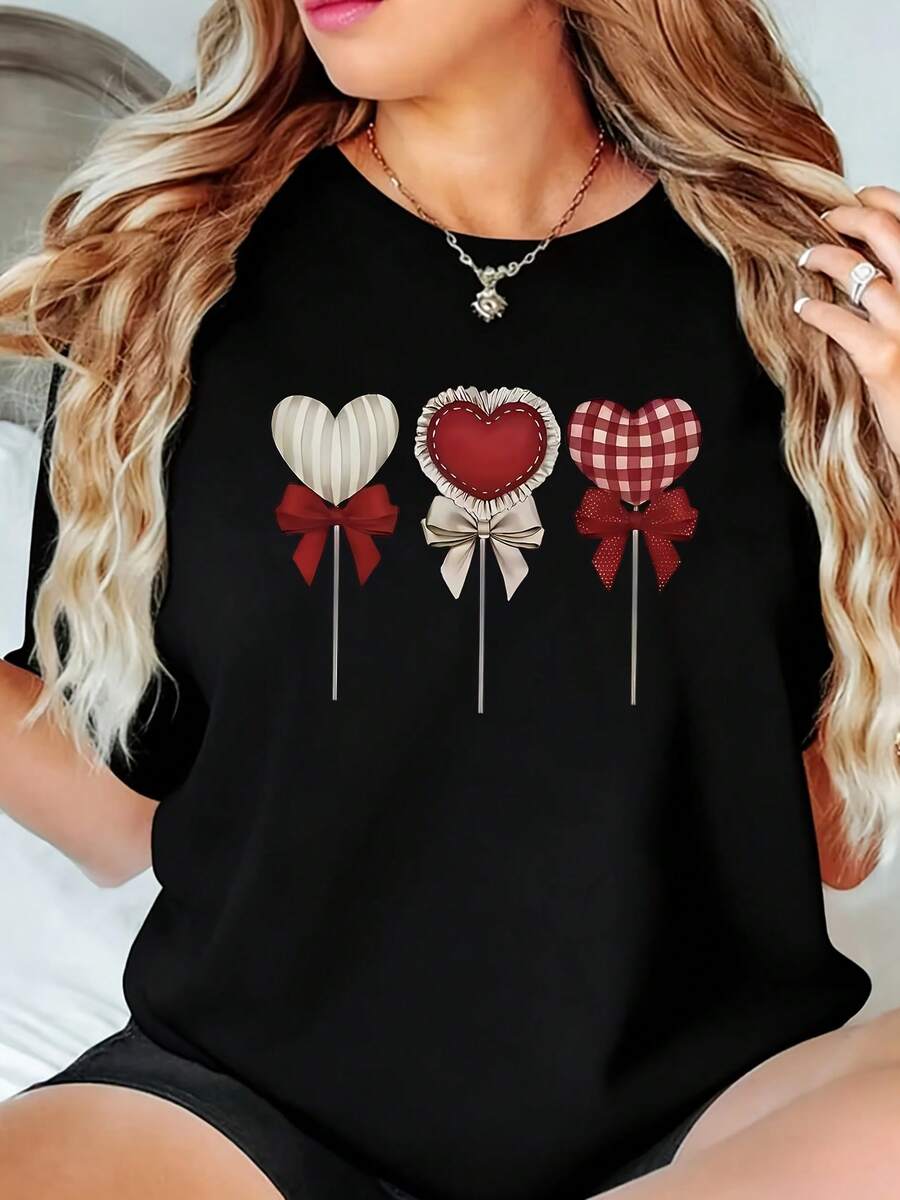 Fashionable Plus Size Women's Casual Sports T-Shirt With Heart Lollipop Design, Round Neck, Comfortable And Loose Fit - 黑色 - 查看 1