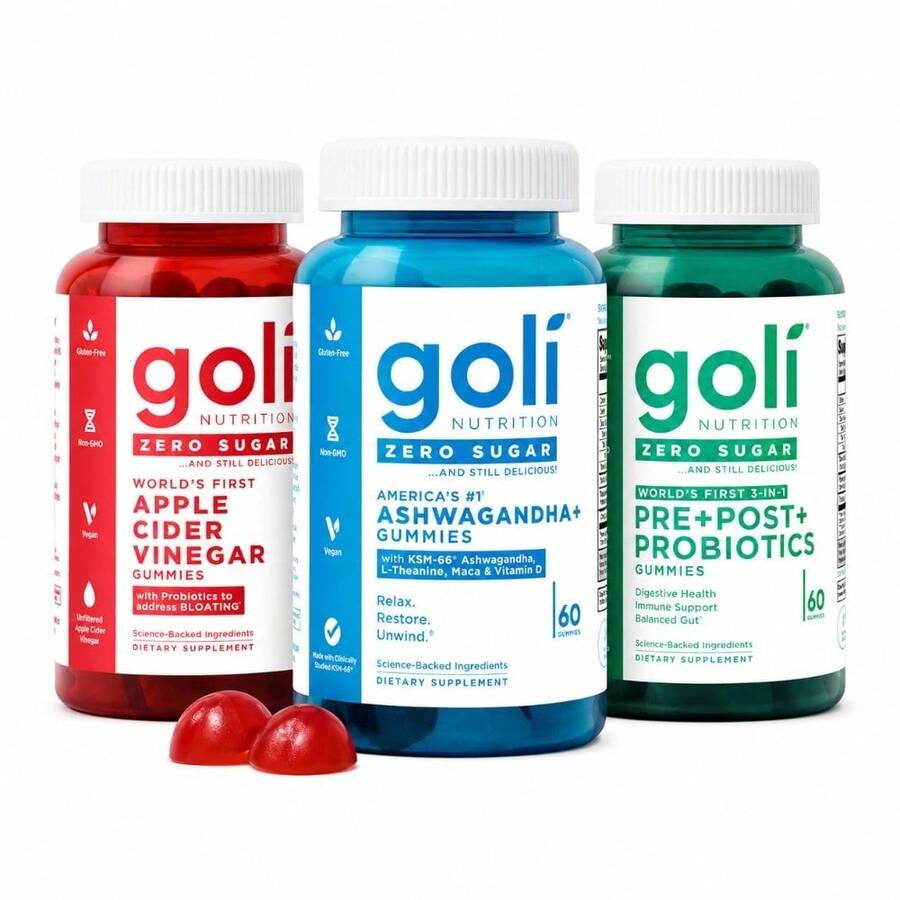 Goli Nutrition Goli Zero Sugar Trio - World's First 3-In-1 Pre, Post, Probiotic, Apple Cider Vinegar With Vitamin B12 And Probiotics, Ashwagandha & L-Theanine, Vitamin D Gummies, 90 Count (3-Bottle Set) - 60 cái (Gói 3 hộp) - Xem 1