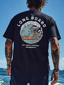 Camiseta de Manga Corta para Hombre con Estampado de Elementos de Playa y Surf, Cómoda y Transpirable, para Uso en Verano - Negro - Ver 2