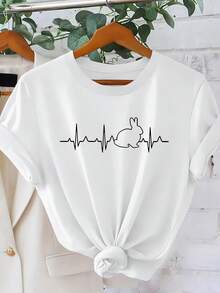 Women's Short-Sleeved T-Shirt With A Simple And Creative Retro Print From EKG Line Rabbit. Perfect For Spring And Summer, This Versatile T-Shirt Is Ideal For Everyday Wear, Casual Occasions, Spring Celebrations, Easter, And Other Stylish Occasions. It's A Sporty And Modern Design With A Simple Round Neckline. This Comfortable And Breathable Top Offers A Distinctive Printed T-Shirt In A Unisex Style, Suitable For Both Men And Women. It's Wrinkle-Resistant And Breathable. - 白色 - 查看 1