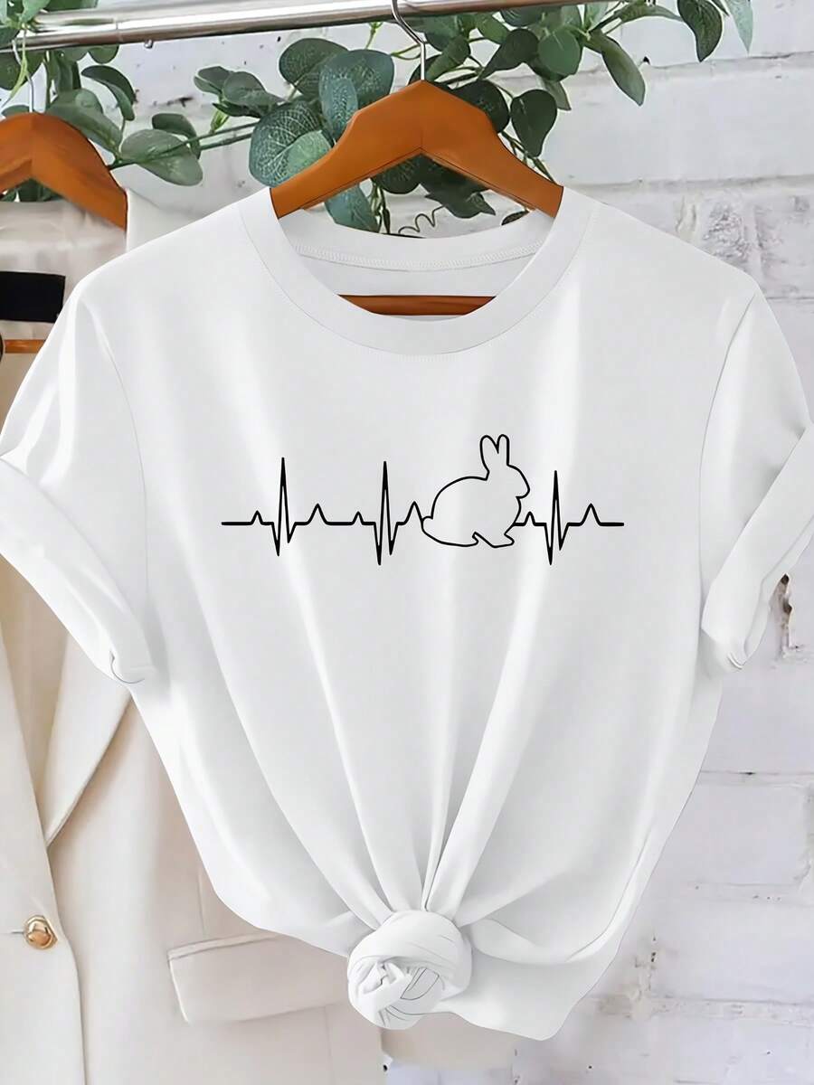 Women's Short-Sleeved T-Shirt With A Simple And Creative Retro Print From EKG Line Rabbit. Perfect For Spring And Summer, This Versatile T-Shirt Is Ideal For Everyday Wear, Casual Occasions, Spring Celebrations, Easter, And Other Stylish Occasions. It's A Sporty And Modern Design With A Simple Round Neckline. This Comfortable And Breathable Top Offers A Distinctive Printed T-Shirt In A Unisex Style, Suitable For Both Men And Women. It's Wrinkle-Resistant And Breathable. - 白色 - 查看 1