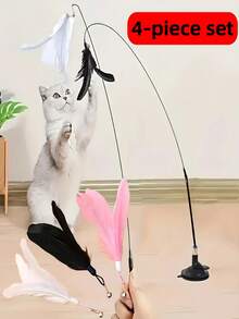 Kitten Interactive Cat Toy Wand, With Replaceable Natural Feather Heads, Durable Steel Cat Teasing Rod, With Strong Suction Cup, For Cat Exercise And Entertainment - Multicolor - View 12