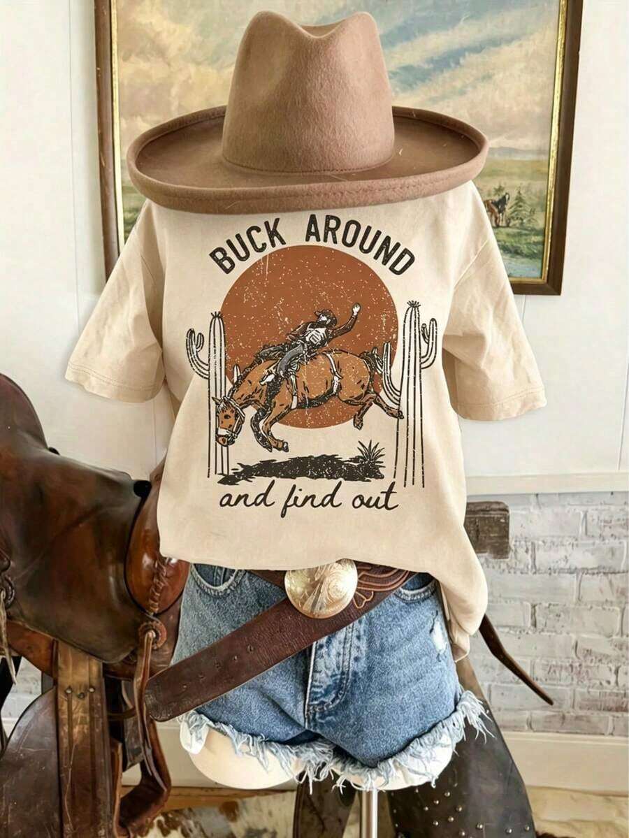 Women's Funny T-Shirt With Western Phrases "Bu Aro And Find Out" - Cowboy Hat Design With Cowgirl And Desert Cactus Pattern, Green Country Style Casual T-Shirt, Suitable For Country Music Festivals, Rodeos And Daily Wear, Machine Washable For All Seasons, Comfortable, Loose Fit With Bright Western Prints, Soft Easy Care Fabric, Perfect For Casual Outings And Theme Parties, Daily Wear For Men And Women, Women's Blouses, Women's Holiday Clothes (Unisex, Small And Fresh, Simple, For Teens). - 杏色 - 查看 1