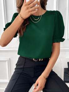 Blusa con mangas abullonadas, blusas de manga corta - Verde Oscuro - Ver 7