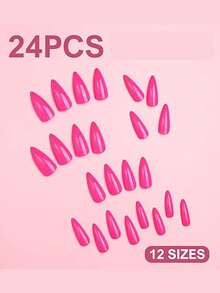 24pcs Medium Bright Pink Matte False Nails, Pointed Artificial Nail Tips, Full Coverage Stick-On Manicure Suitable For Women - Hot Pink - View 6
