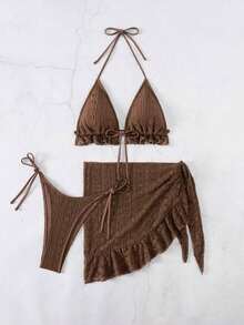 Conjunto de bikini de 3 piezas con tapa de falda, estilo de vacaciones en la playa, para mujer, con bikini halter sin espalda y encaje sexy - Café integral - Ver 6
